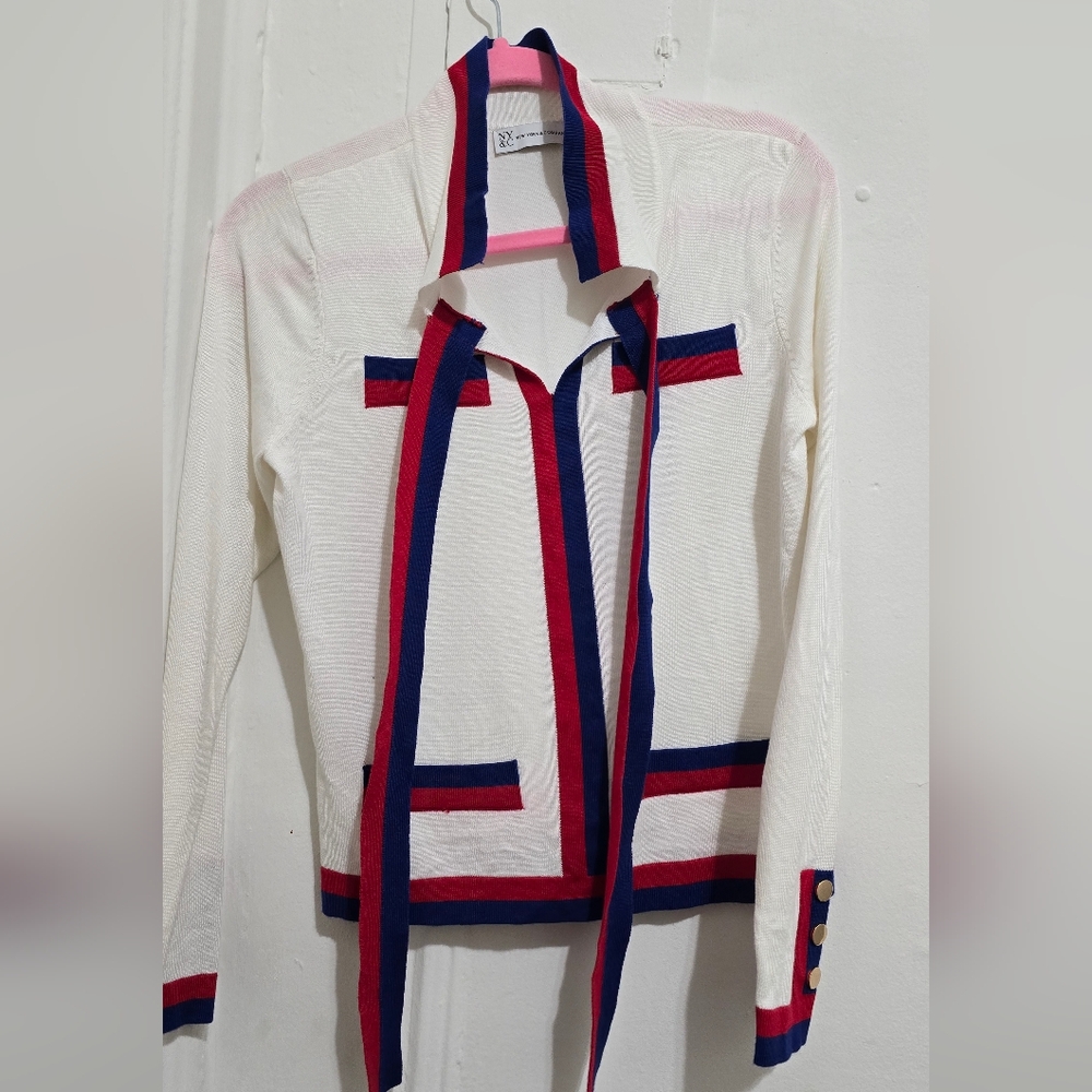 Stylish White Cardigan with Red and Blue Accents